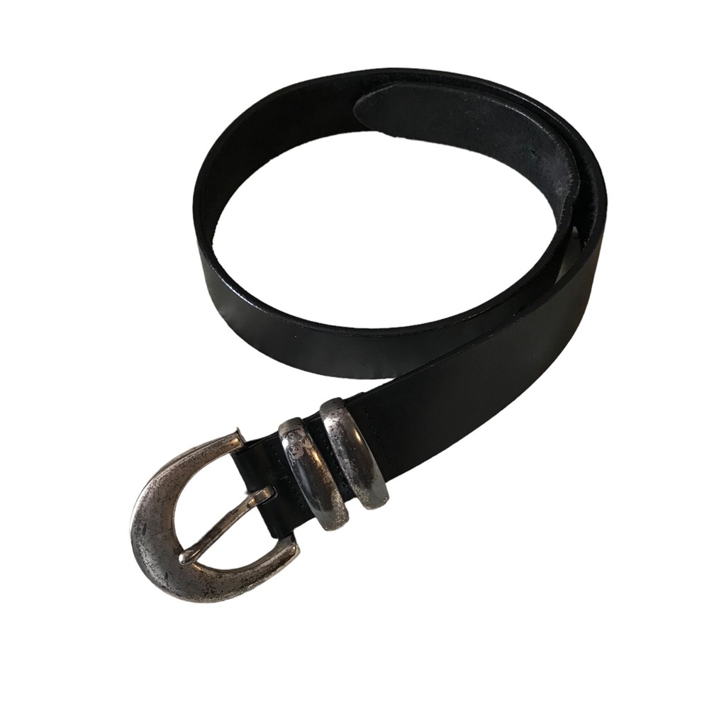 Vintage Black leather belt with large metal buckle size small
